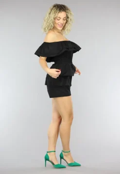 Zwarte Off Shoulder Ruffle Playsuit