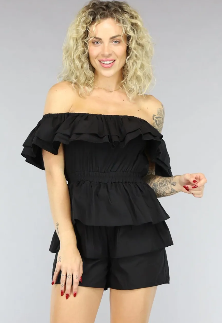 Zwarte Off Shoulder Ruffle Playsuit
