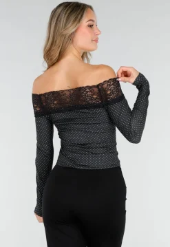 Zwarte Off Shoulder Stretch Top met Kant en Stippenprint