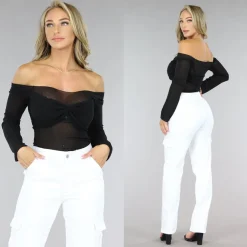 Zwarte Off-Shoulder Top met Geplooid Detail