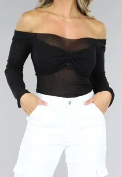 Zwarte Off-Shoulder Top met Geplooid Detail