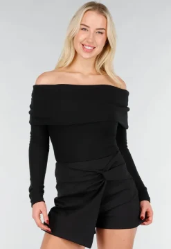 Zwarte Off Shoulder Top met Lange Mouw