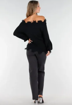 Zwarte Off-Shoulder Trui met Franje Detail