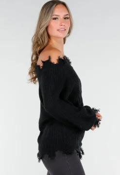 Zwarte Off-Shoulder Trui met Franje Detail