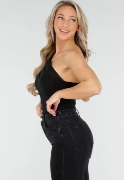Zwarte One Shoulder Body met Drapering in Mesh Stretch