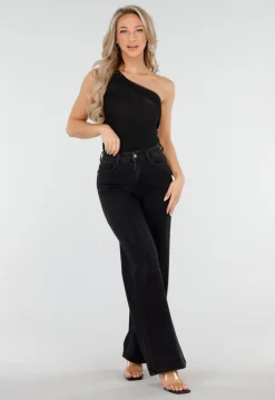 Zwarte One Shoulder Body met Drapering in Mesh Stretch