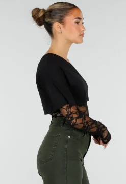 Zwarte One Shoulder Body met Kant en Drukknoopsluiting