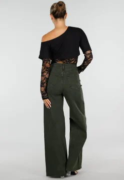 Zwarte One Shoulder Body met Kant en Drukknoopsluiting