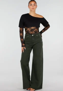 Zwarte One Shoulder Body met Kant en Drukknoopsluiting