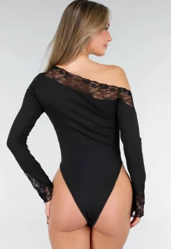 Zwarte One Shoulder Body met Lange Mouw en Kantdetails