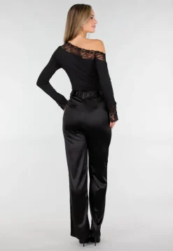 Zwarte One Shoulder Body met Lange Mouw en Kantdetails
