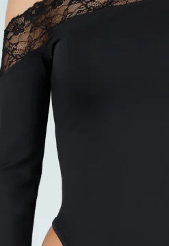 Zwarte One Shoulder Body met Lange Mouw en Kantdetails