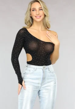Zwarte One Shoulder Fishnet Body met Cut Out