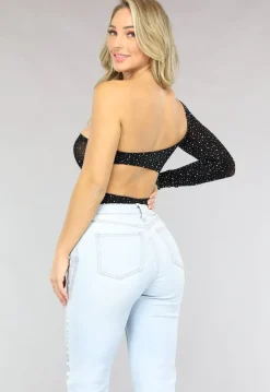Zwarte One Shoulder Fishnet Body met Cut Out