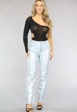Zwarte One Shoulder Fishnet Body met Cut Out