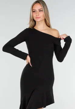 Zwarte One Shoulder Fleece Maxi Jurk met Asymmetrische Zoom en Stretch