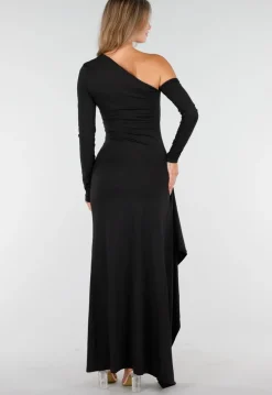 Zwarte One Shoulder Jurk met Split en Lange Mouw