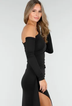 Zwarte One Shoulder Jurk met Split en Lange Mouw