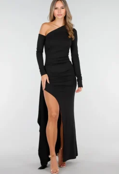Zwarte One Shoulder Jurk met Split en Lange Mouw