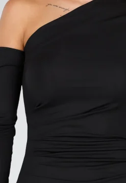 Zwarte One Shoulder Jurk met Split en Lange Mouw