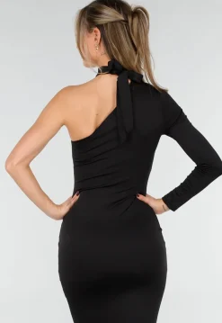 Zwarte One Shoulder Midi Jurk met Lange Mouw