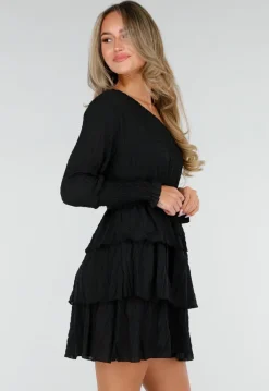 Zwarte One Shoulder Plissé Jurk met Tailleband