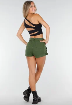 Zwarte One Shoulder Sporttop met Pads en Open Cut-out Rug en Strakke Pasvorm