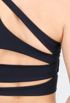 Zwarte One Shoulder Sporttop met Pads en Open Cut-out Rug en Strakke Pasvorm