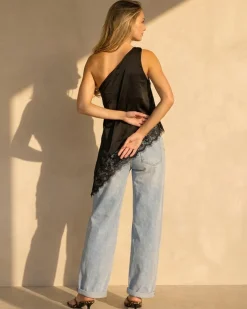 Zwarte One Shoulder Top met Kanten Zoom