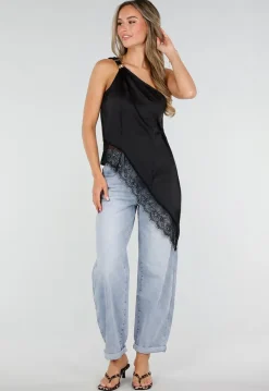 Zwarte One Shoulder Top met Kanten Zoom