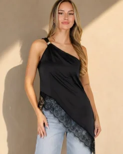 Zwarte One Shoulder Top met Kanten Zoom