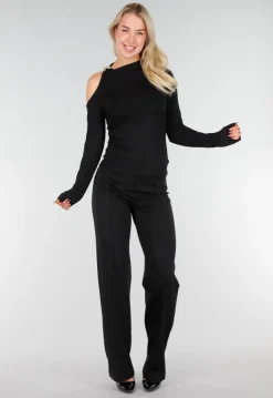 Zwarte One Shoulder Top met Lange Mouwen en Ring