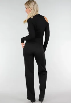 Zwarte One Shoulder Top met Lange Mouwen en Ring
