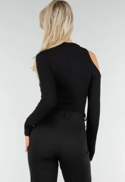 Zwarte One Shoulder Top met Lange Mouwen en Ring