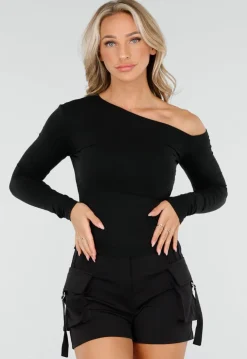 Zwarte One-Shoulder Top met Lange Mouwen