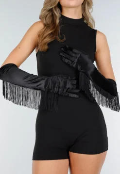 Zwarte Opera Handschoenen van Satijnlook Stof met Franjes en Glanzende Afwerking