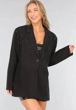 Zwarte Oversized Blazer met Glitter Steentjes