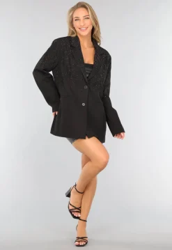Zwarte Oversized Blazer met Glitter Steentjes