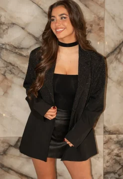 Zwarte Oversized Blazer met Glitter Steentjes