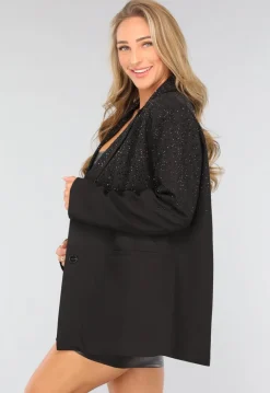 Zwarte Oversized Blazer met Glitter Steentjes