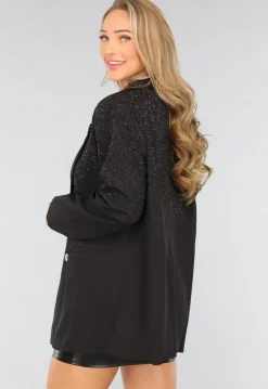 Zwarte Oversized Blazer met Glitter Steentjes