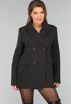 Zwarte Oversized Blazer met Krijtstreep