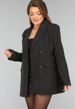 Zwarte Oversized Blazer met Krijtstreep