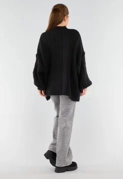 Zwarte Oversized Gebreide Trui met Colkraag en Kabelpatroon