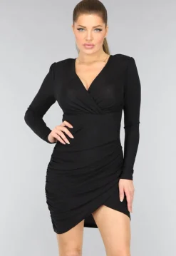 Zwarte Overslag Glitter Jurk met Schoudervulling