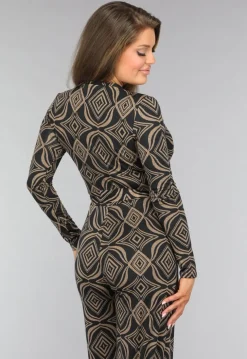 Zwarte Overslag Jumpsuit met Bruin Ruit Patroon