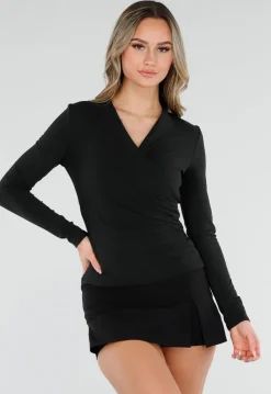 Zwarte Overslag Top met Lange Mouwen en Stretch