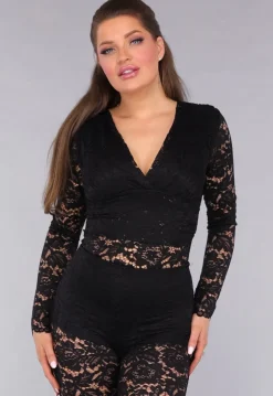 Zwarte Padded Lace Bodysuit met Lange Mouwen