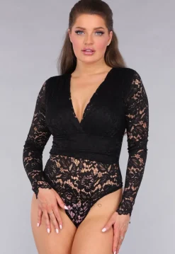 Zwarte Padded Lace Bodysuit met Lange Mouwen