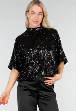 Zwarte Pailletten Top met Korte Mouwen